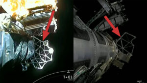 Vlevo záběr z mise s družicí Globalstar 2, vpravo z mise Transporter-2. Šipky ukazují na podobně vypadající adaptér. U mise Transporter 2 nesl tři družice Starlink.