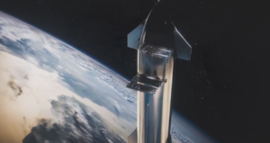 Fotka z Muskovy nedávné prezentace. Vizualizace Starship při vypouštění Starlinků druhé generace.
