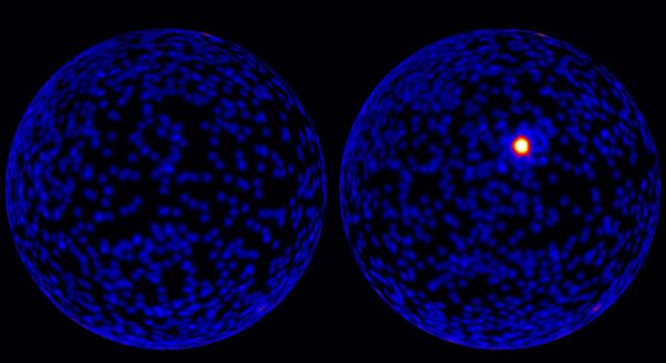 Obrázek ukazuje srovnání stejného místa oblohy před a po pozorování gama záblesku GRB 130427A. Oba snímky od sebe dělí pouhé tři hodiny.