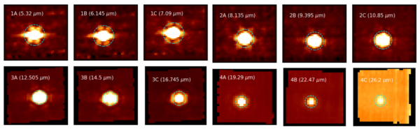 Jedná se o první inženýrské „kostky dat“ pro každý z dvanácti spektrálních pásem režimu MRS, které ilustrují astrometrickou registraci a kvalitu obrazu při pozorování hvězdy HD 37122. V každém panelu je čárkovaným azurovým kruhem vyznačena oblast o poloměru 1 úhlové vteřiny kolem předpokládané polohy hvězdy podle nebeských souřadnic. Zatímco hvězda je jasná na krátkých vlnových délkách, slábne směrem k delším vlnovým délkám, kde režim MRS detekoval také tepelnou emisi z primárního zrcadla Webbova teleskopu.