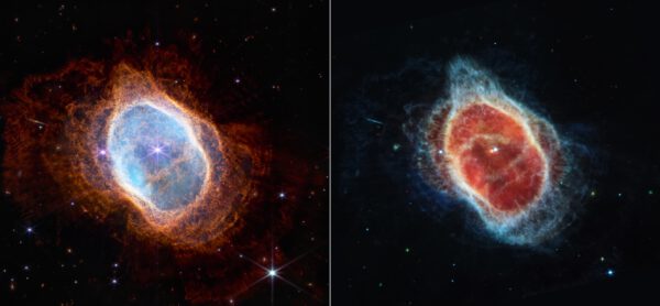Jižní prstencová mlhovina, NGC 3132, vlevo na snímku kamery NIRCam a vpravo MIRI. Snímky ukazují potenciál přístrojů dalekohledu Jamese Webba. Zdroj: nasa.gov