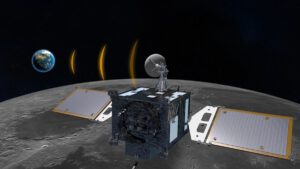 Sonda Danuri na oběžné dráze kolem Měsíce v představách umělce.