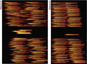 Testovací snímek z přístroje NIRSPec pořízený během ověřování funkce režimu spektroskopie více objektů.