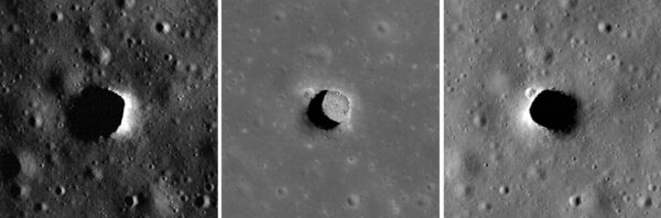 Jáma na Měsíci fotografovaná za různého osvětlení sondou Lunar Reconnaissance Orbiter. Objekt na snímku se jmenuje Marius Hills pit. Na snímku uprostřed si za poledního Slunce mohli vědci prohlédnout dno jámy. Zjistilo se, že je 34 metrů hluboká a 65 krát 90 m široká. Zdroj: NASA/GSFC/Arizona State University, https://www.nasa.gov/