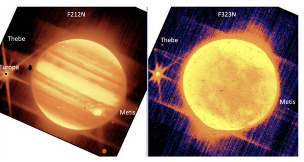Vlevo: Jupiter a jeho měsíce Europa, Thebe a Metis jsou vidět přes filtr NIRCam o velikosti 2,12 mikronu. Vpravo: Jupiter a Europa, Thebe a Metis jsou vidět přes filtr NIRCam o velikosti 3,23 mikronu. 