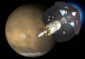 Umělecká představa kosmické lodi s pohonem VASIMR u Marsu.