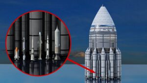 Koncepce jedné z větších kosmických lodí programu Orion. Pro srovnání jsou zobrazeny i některé superrakety jako N1, Saturn V nebo Super Heavy Starship.