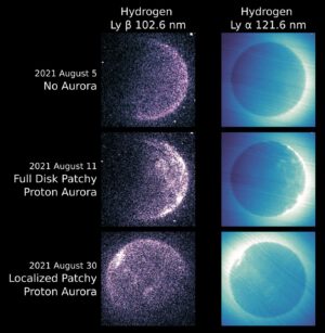 Protonová polární záře zaznamenaná v různých datech a na dvou vlnových délkách. Rozdíly jsou patrné. Od plošné relativně slabé protonové záře po celé osvětlené straně Marsu, až po rozpadlou místní silnou protonovou záři. 