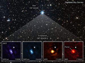 HIP 65426 b, první exoplaneta přímo zobrazená Webbovým dalekohledem. 