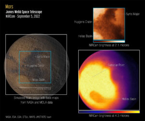 Obrázek v levé části ukazuje referenční mapu NASA a přístroje MOLA (Mars Orbiter Laser Altimeter). Přes tuto mapu jsou vloženy dva rámečky, které ukazují oblasti, které Webbův teleskop nasnímal při odlišných šířkách zorného pole. V pravé části obrázku pak vidíme snímky Marsu z Webbova teleskopu v blízké infračervené oblasti.  Vpravo nahoře je snímek, který kamera NIRCam pořídila na kratších vlnových délkách 2,1 mikrometru. V pravé spodní části obrázku je pak vložen snímek Marsu z kamery NIRCam na trochu delší vlnové délce 4,3 mikrometru.