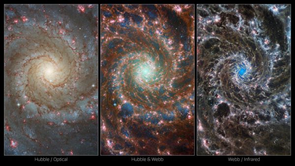 Srovnání fotografií z Hubbleova dalekohledu (vlevo) a Webbowa dalekohledu (vpravo). Uprostřed pak složený obrázek obou přístrojů.