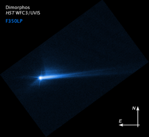 Snímku z Hubbleova kosmického dalekohledu NASA z 8. října 2022 (285 hodin poté, co do planetky 27. září záměrně narazila sonda DART) jsou vidět trosky, které byly vyvrženy z povrchu Dimorphosu. Tvar tohoto ohonu se v průběhu času měnil. Vědci pokračují ve studiu tohoto materiálu a jeho pohybu v prostoru, aby lépe porozuměli samotné planetce.