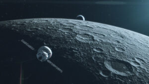 Umělecká představa Orionu po průletu za odvrácenou stranou Měsíce