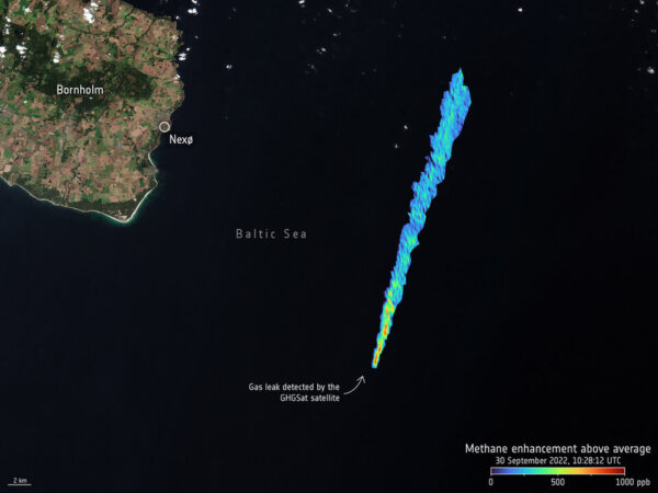 Detekce plynů unikajících z poškozeného potrubí zachycené družicí GHGSat. Zdroj: ESA