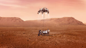 Závěrečná fáze přistání roveru perseverance na Marsu.