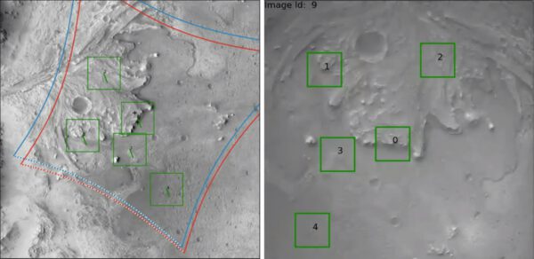 Příklad úspěšné detekce povrchových útvarů mezi mapou kráteru Jezero (vlevo) a simulovaným snímkem ze sestupu (vpravo)