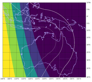 Barva pozadí udává, jak temná bude obloha ve 13:00 SELČ. Žlutá znamená denní světlo a tmavě fialová zase noc. Bílé křivky ukazují, kde se maximální výška sondy Lucy nad obzorem dostane na hodnotu vyšší než 20° (tečkovaná), 10° (čárkovaná) a 0° (plná). Sonda bude nejlépe pozorovatelná v místech s tmavou oblohou, kde sonda poletí vysoko nad hlavou