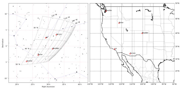 Pozorovatelé na západě USA uvidí sondu Lucy na jihozápadě v souhvězdí Velryby a Ryb. Do hvězdného pole jsou zakresleny přibližné pozice, kde by měla sondy nacházet při pozorování z určitých měst. Ostatní lokality se dají odhadnout podle mřížky, která hvězdné pole překrývá.