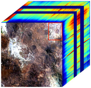 Na přední stěně krychle vidíme obrázek v pravých barvách. Jde o oblast v severozápadní Arizoně, kterou pozoroval přístroj EMIT. boční stěny ukazují „spektrální otisky prstů“ pro každý bod snímku. Tato datová krychle ukazuje přítomnost kaolinitu, světle zbarveného jílovitého minerálu, který odráží sluneční záření.