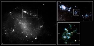 Galaxie ESO 184-G82 z níž pochází gama záblesk GRB 980425 a supernova SN 1998bw. Vlevo celá galaxie. Vpravo detail na místo, kde ke gama záblesku došlo. 