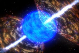 Umělecká představa kolapsaru, masivní exploze, která generuje dlouhé gama záblesky. Jedná se o extrémní verzi supernovy. 
