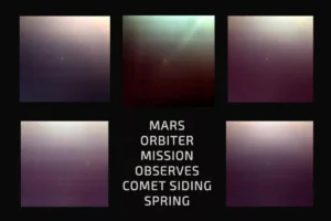 Barevná kamera Mars Orbiter Mission pořídila sekvenci snímků komety Siding Spring, která prolétla v blízkosti Marsu. Pět snímků bylo pořízeno 19. října 2014 mezi 17:44 a 18:25 UT ve vzdálenosti od 180 000 do 130 000 kilometrů. Poslední snímek byl pořízen téměř ve stejný okamžik, kdy se kometa nejvíce přiblížila (18:27 UT). Zdroj: ISRO