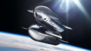 Umělecká představa přečerpávání pohonných látek mezi loděmi Starship.
