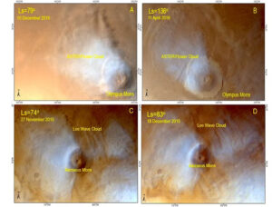 Obrázky A, B ukazují oblačnost nad Olympus Mons. C, D oblačnost nad Ascraeus Mons. Zdroj: ISRO