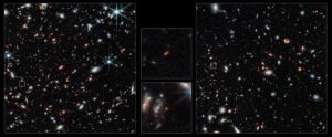 Kupa Abell 2744 na snímku Webbova dalekohledu. Ve výřezech uprostřed vidíme dvě extrémně vzdálené galaxie. Ty se zdají mít naoranžovělou barvu a jsou poměrně malé.