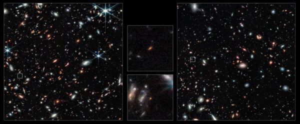 Kupa Abell 2744 na snímku Webbova dalekohledu. Ve výřezech uprostřed vidíme dvě extrémně vzdálené galaxie. Ty se zdají mít naoranžovělou barvu a jsou poměrně malé. Galaxie na obrázku dole je právě naše GLASS-z12.