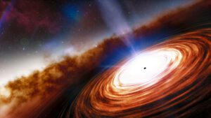 Umělecké ztvárnění supermasivní černé díry v jádru galaxie.