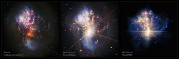 Srovnání záběrů na IC 1623 z Hubbleova dalekohledu, a z přístrojů NIRCam a MIRI na Webbově dalekohledu.