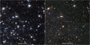 Srovnání snímků galaxie WLM ze Spitzerova dalekohledu (vlevo) a Webbova dalekohledu (vpravo).