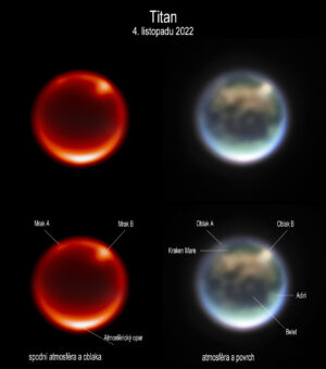 Snímky Saturnova měsíce Titanu pořízené 4. listopadu 2022 na JWST. Vlevo vidíme snímek s použitím filtru F212N, který je citlivý na spodní vrstvy atmosféry Titanu, o vlnové délce 2,12 mikrometru. Jasné skvrny jsou výrazné mraky na severní polokouli. Vpravo je barevný složený snímek s použitím kombinace několika filtrů kamery NIRCam. Modrá barva odpovídá filtru F140M (1,40 mikrometru), zelená je z filtru F150W (1,50 mikrometru), červená zase připadá filtru F200W (1,99 mikrometru), úroveň jasu udává filtr F210M (2,09 mikrometru). Na obrázku je popsáno několik výrazných povrchových prvků. Kraken Mare se považuje za metanové moře, Belet je tvořen tmavě zbarvenými písečnými dunami a Adiri je jasný albedový prvek.