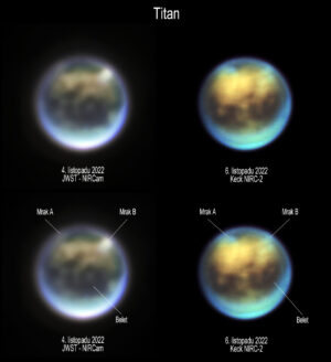 Vývoj mraků na Titanu během 30 hodin mezi 4. a 6. listopadem. Vlevo snímek z kamery NIRCam na JWST, vpravo pak z přístroje NIRC-2 na Keckově observatoři. Zadní (z pohledu oběhu) polokoule Titanu, kterou vidíme na obrázku, se při pohledu od Země a Slunce otáčí zleva (svítání) doprava (večer). Podle snímků to vypadá, že se mrak A otáčí směrem k pozorovateli, zatímco mrak B se buď rozptyluje, nebo se pohybuje k okraji disku Titanu (směrem k polokouli odvrácené od nás). Oblaka na Titanu ani na Zemi nejsou dlouhodobé útvary. Existuje tedy možnost, že oblačnost pozorovaná 4. listopadu, nemusí být stejná jako ta, která je vidět 6. listopadu. Na snímku NIRCam byly použity následující filtry: Modrá odpovídá filtru F140M (1,40 mikrometru), zelená filtru F150W (1,50 mikrometru), červená filtru F200W (1,99 mikrometru) a jas filtru F210M (2,09 mikrometru). Na snímků z přístroje NIRC-2 z Keckovy observatoře odpovídá červená barva filtru He1b (2,06 mikrometru), zelená filtru Kp (2,12 mikrometru) a modrá filtru H2 1-0 (2,13 mikrometru).