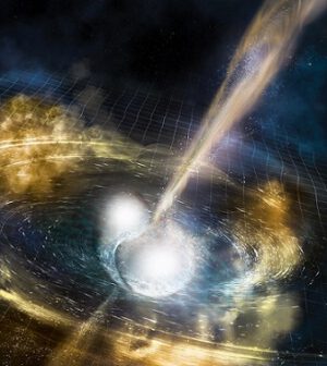 Srážky neutronových hvězd (zde umělecká představa GW170817) pomáhají určit TOV limit.