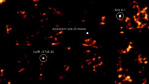 Snímek z observatoře Swift ukazuje dva rentgenovské zdroje. Scorpius X-1 je vpravo nahoře. 