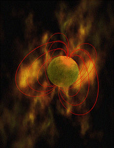 Umělecké ztvárnění magnetaru s magnetickými siločarami.