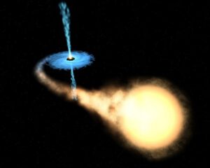 Rentgenový binární pulsar. Vlevo neutronová hvězda, která nasává hmotu z hvězdy hlavní posloupnosti vpravo.