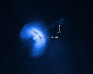 Snímek pulsaru Vela a jeho relativistického výtrysku pořízený observatoří Chandra.