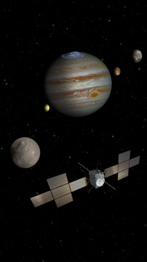 Umělecká představa evropské sondy JUICE u Jupiteru.