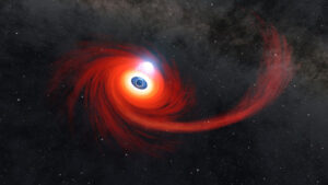 Na grafice vidíme výtrysk hmoty z roztrhané hvězdy směrem doprava a také korónu tvořenou ionty (atomy plynu zbavených elektronů). Zdroj: NASA-JPL/Caltech, https://d2pn8kiwq2w21t.cloudfront.net/original_images/PIA25440_a_black_hole_destroys_a_star_illustration-stamped.jpg