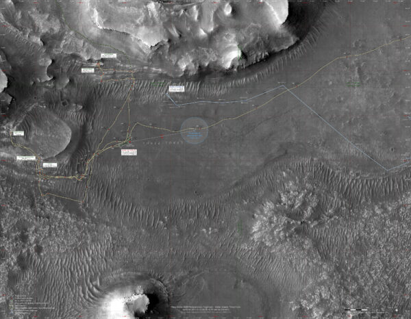 Mapa Jana Vacka ukazuje, kde by mohla přistát návratová mise se vzorky Mars Sample Return a místa záložního úložiště vzorků Perseverance. Zdroj: https://space.winsoft.cz