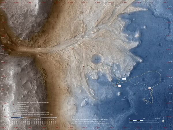 Mapa delty s pozicemi vozítka k solu 647 a vrtulníčku k solu 642. Zdroj: https://space.winsoft.cz