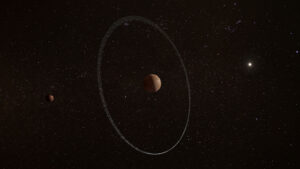 Umělecká představa celého systému - trpasličí planeta Quaoar obklopená hustým prstencem doprovázená měsíčkem Weywot.