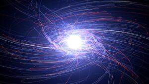 Částice antihmoty interagující s částicemi hmoty v okolí neutronové hvězdy.