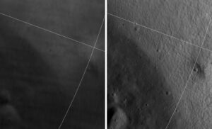 Porovnání snímků dna a stěn kráteru Shackleton. Vlevo snímek kamery LRCO ze sondy LRO, vpravo stejná oblast pohledem kamery ShadowCam na sondě Danuri.