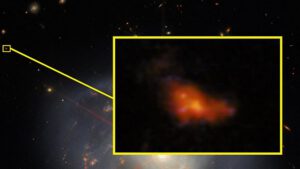 Jeden ze zajímavých detailů snímku. Kousek od levého horního difrakčního hrotu si můžeme všimnout pozůstatku po supernově.