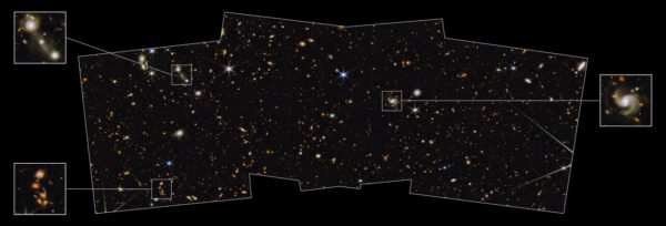Tentýž snímek ovšem s označením třech zajímavých galaxií/skupin galaxií.