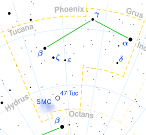 Souhvězdí Tukana na jižní obloze v němž najdeme i Malé Magellanovo mračno (SMC).
